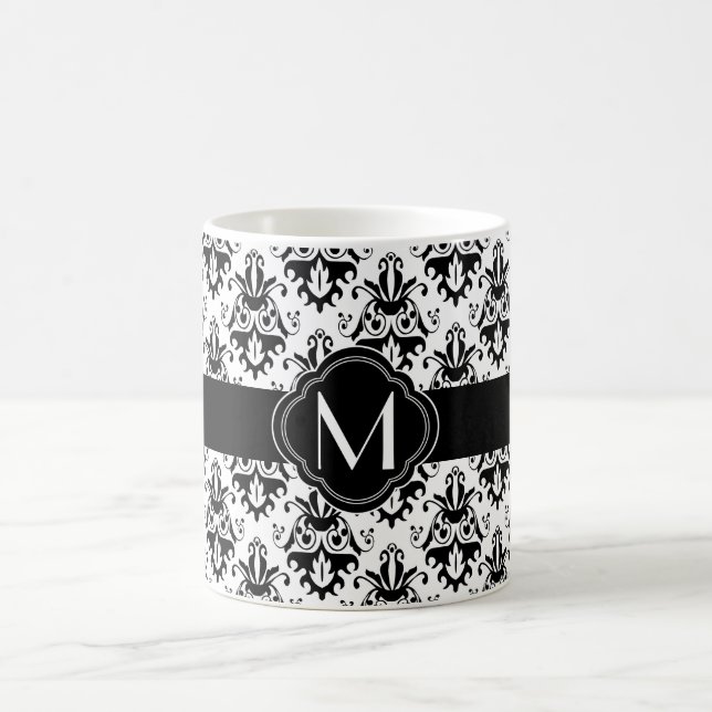 Black and White Damask Pattern with Monogram Coffee Mug (Center)