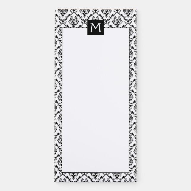 Black And White Damask Pattern With Monogram Magnetic Notepad (Front)