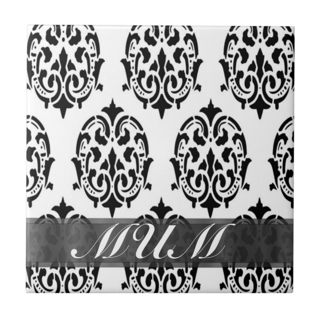 Black and white damask personalized mom tile (Front)