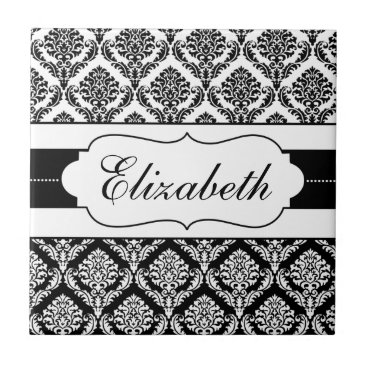 Black and White Damask Personalized tile