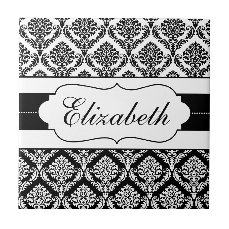 Black and White Damask Personalized tile Zazzle