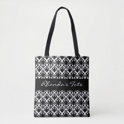 Black and White Damask Personalized Tote Bag