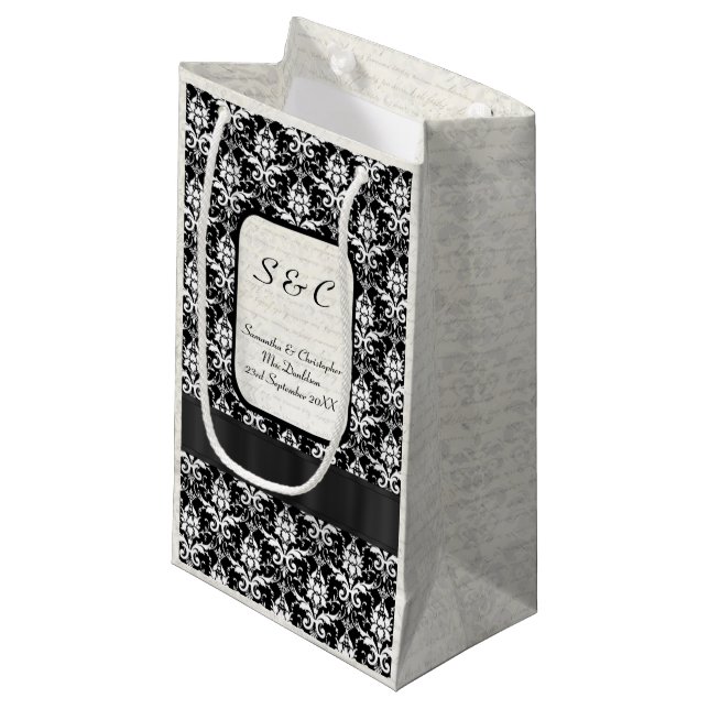 Black and white damask personalized wedding small gift bag (Front Angled)