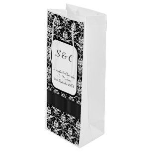 Black and white damask personalized wedding wine gift bag
