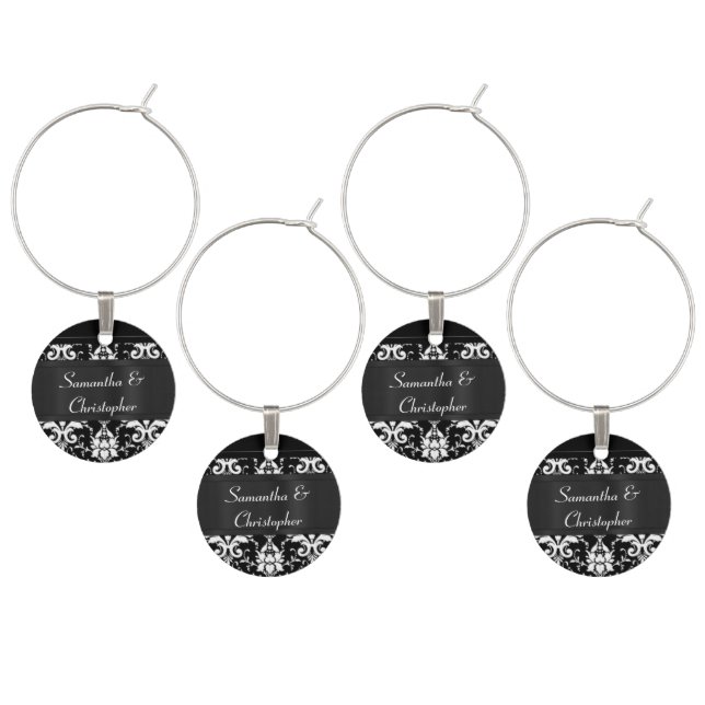 Black and white damask personalized wine glass charm (Staggered)