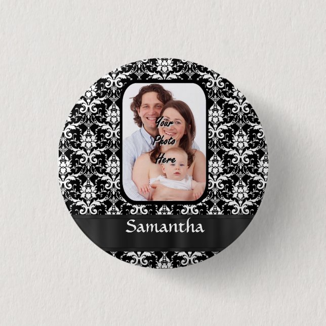 Black and white damask pinback button (Front)