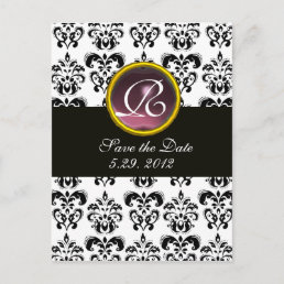 BLACK AND WHITE DAMASK Pink  Amethyst Monogram Announcement Postcard