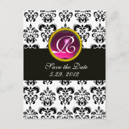 BLACK AND WHITE DAMASK Pink  Amethyst Monogram Announcement Postcard