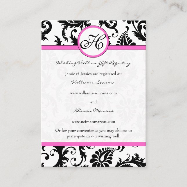 Black and White Damask Pink Trim Wishing Well Enclosure Card (Front)