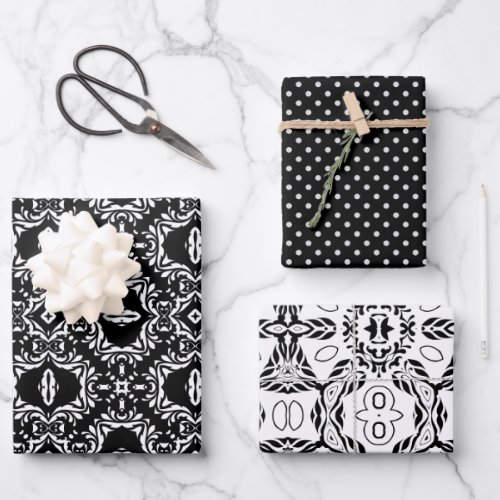 Black And White Damask Polka Dot Geometric Pattern Wrapping Paper Sheets