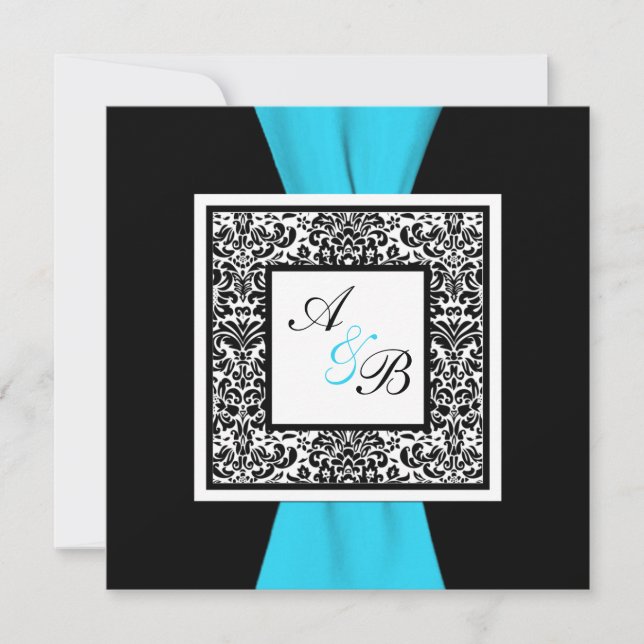 Black and White Damask PRINTED Ribbon Invitation (Front)