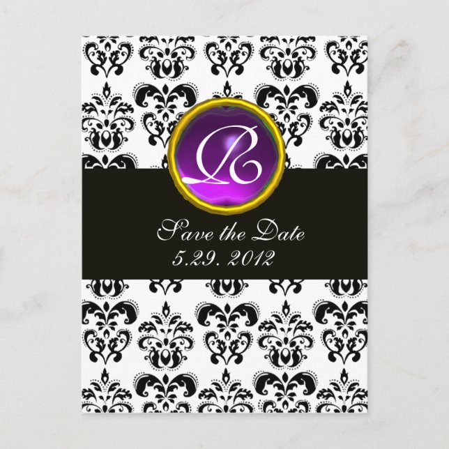 BLACK AND WHITE DAMASK Purple Amethyst Monogram Announcement Postcard (Front)