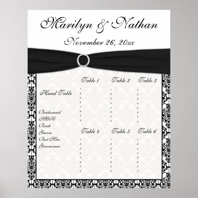 Black and White Damask Reception Seating Chart (Front)