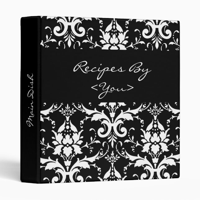 Black and White Damask Recipe Cook Book Binder (Front/Spine)
