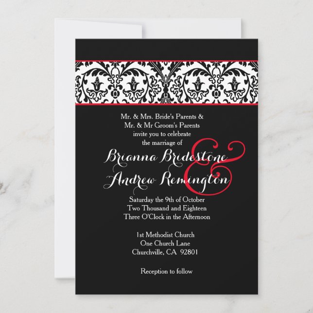 Black and White Damask Red Accents Wedding A09 Invitation (Front)