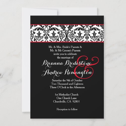 Black and White Damask Red Accents Wedding A09 Invitation