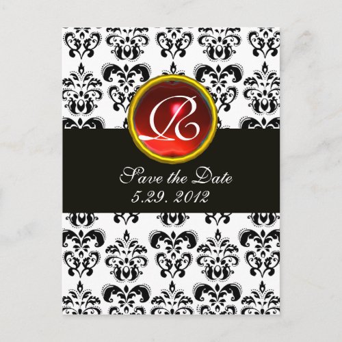 BLACK AND WHITE DAMASK  RED RUBY MONOGRAM ANNOUNCEMENT POSTCARD
