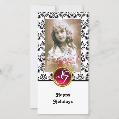 BLACK AND WHITE DAMASK Red Ruby Monogram Holiday Card