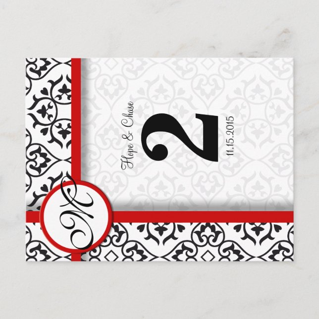 Black and White Damask Red Trim Table Number (Front)