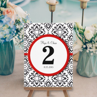 Black and White Damask Red Trim Table Number