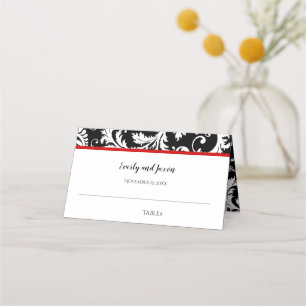 Black and White Damask Red Trim Wedding Place Card