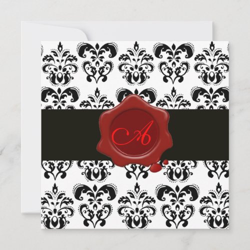 BLACK AND WHITE DAMASK RED WAX SEAL MONOGRAM INVITATION