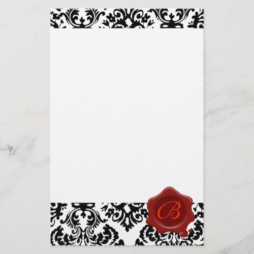 BLACK AND  WHITE DAMASK  RED WAX SEAL MONOGRAM STATIONERY