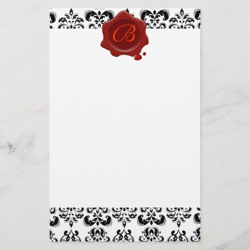 BLACK AND WHITE DAMASK  RED WAX SEAL MONOGRAM STATIONERY