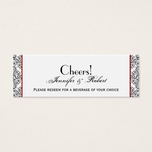 Customizable Black and White Damask Red Wedding Drink Ticket Business Card