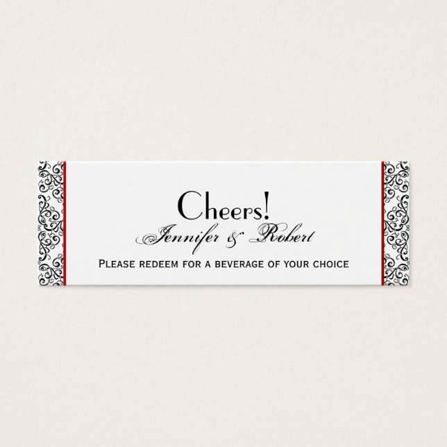 Black and White Damask Red Wedding Drink Ticket (Front)