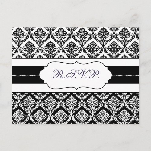 black and white damask  rsvp invitation postcard