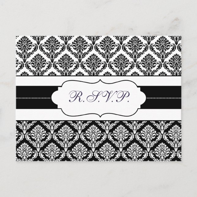 "black and white" damask  rsvp invitation postcard (Front)