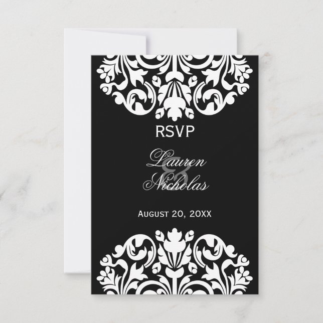Black and White Damask RSVP Reply Cards (Front)