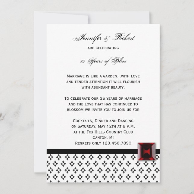 Black and White Damask Ruby Anniversary Invitation (Front)