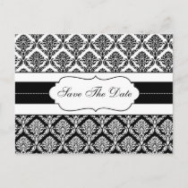 "black and white damask save the date announcement postcard