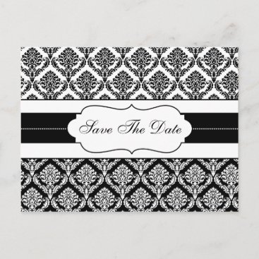 "black and white damask save the date announcement postcard