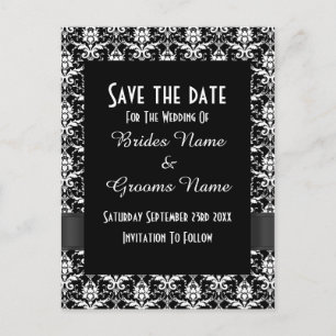 Black and white damask save the date announcement postcard
