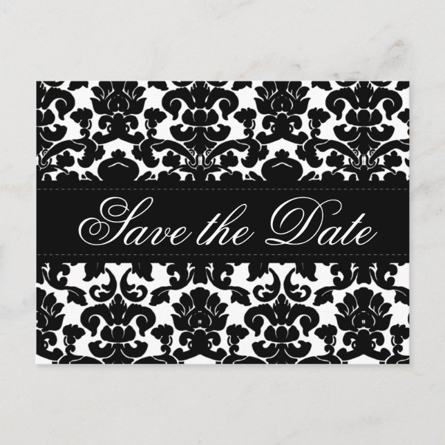 Black and White Damask Save the Date Card (Front)
