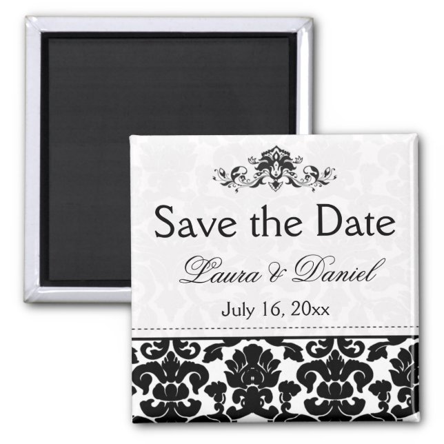 Black and White Damask Save the Date Magnet (Front)