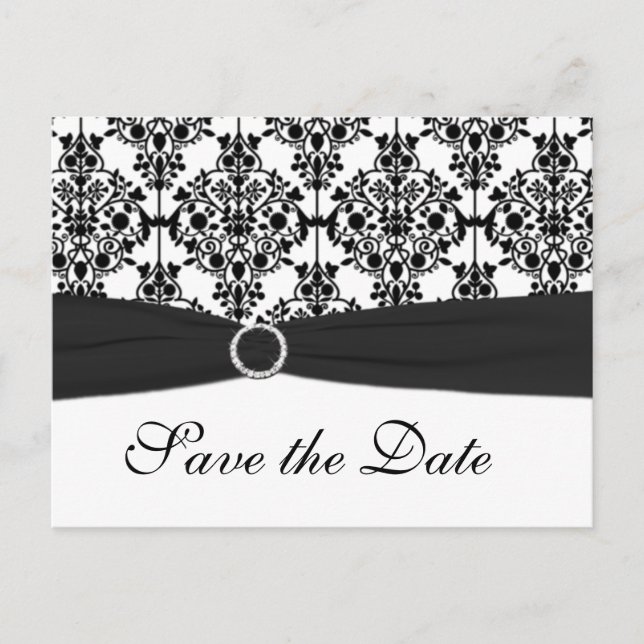 Black and White Damask Save the Date Postcard (Front)
