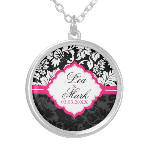 Black And White Damask _ Save the date Silver Plated Necklace