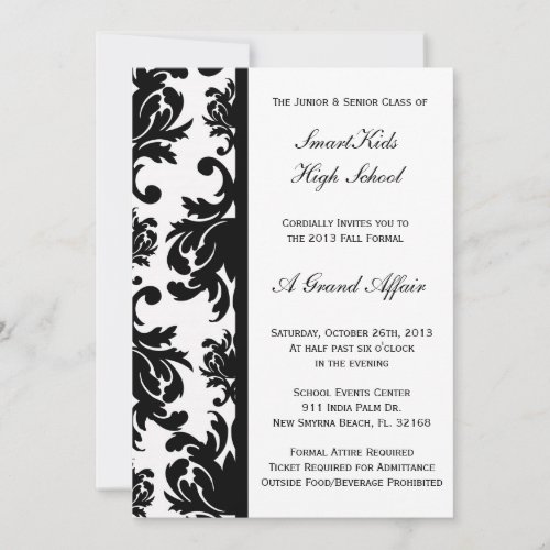 Black and White Damask School Prom or Formal Invitation