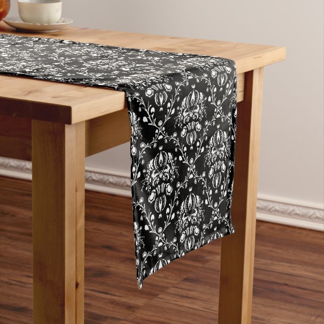Black and White Damask Short Table Runner (In Situ)