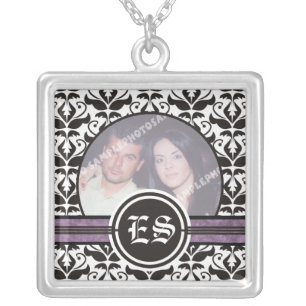 Black and white damask silver photo pendant