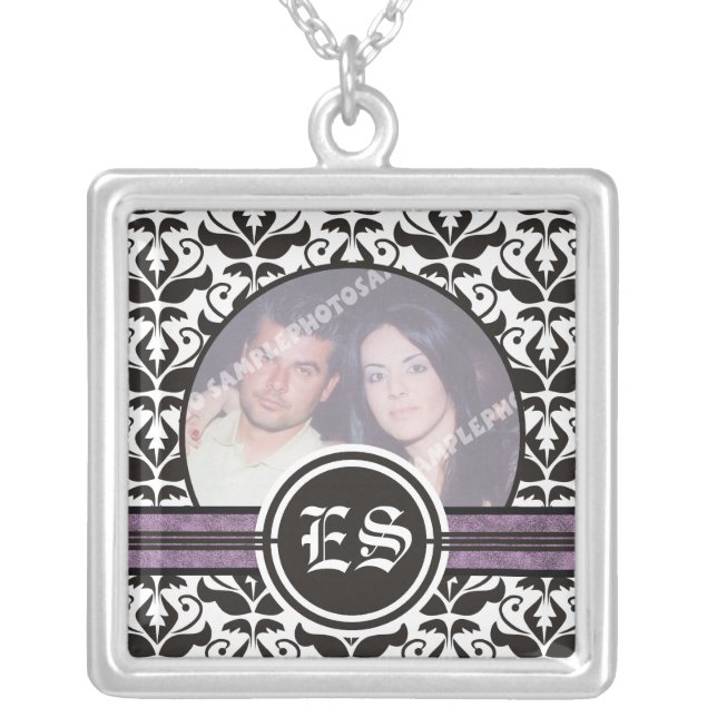 Black and white damask silver photo pendant (Front)