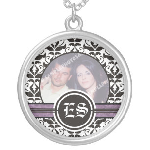 Black and white damask silver photo pendant