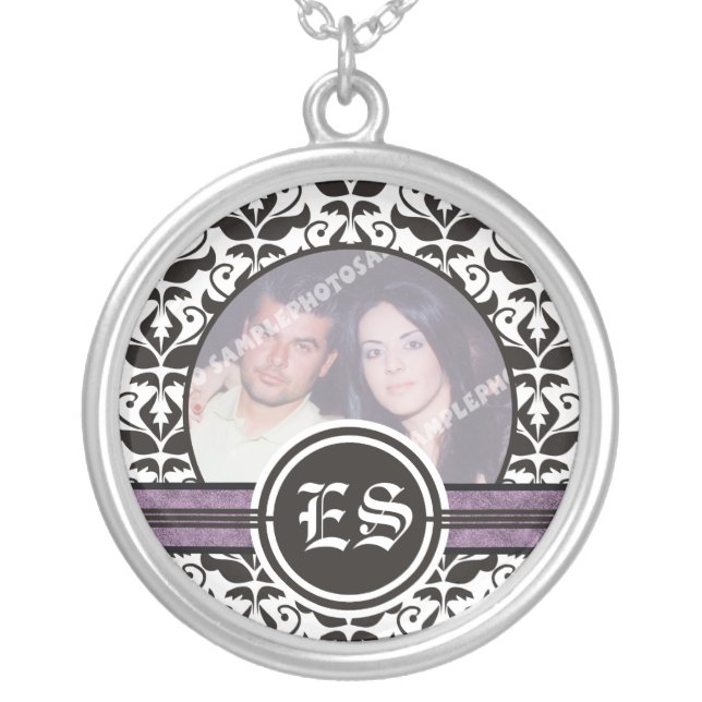 Black and white damask silver photo pendant (Front)