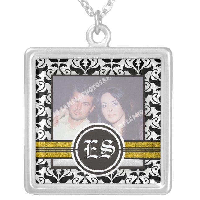 Black and white damask silver photo pendant (Front)