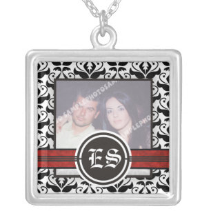 Black and white damask silver photo pendant