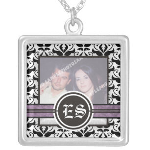 Black and white damask silver photo pendant